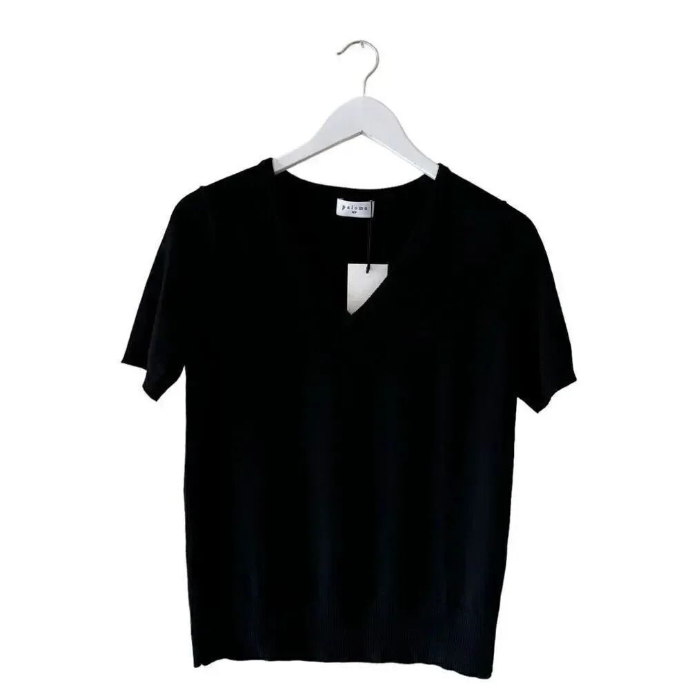 Paloma Black Merino Wool VNeck  Soft Luxury Short Sleeves Knit Top SZ MP #2050